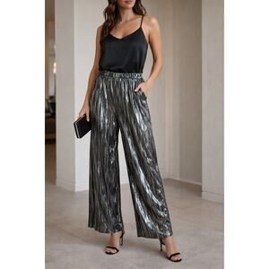 NKN Nekane Silver Metallic Pleated Wide Leg Pants XL NWT Elastic Waist